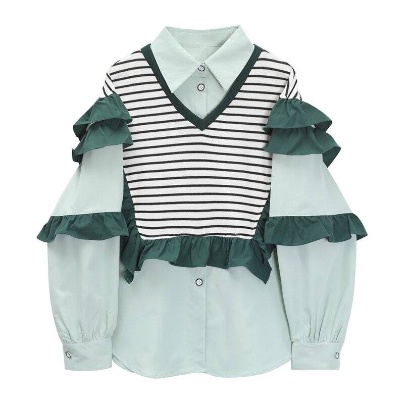 Women's Shirt Chic Vintage Blouses Casual Polo-Neck Long Sleeve Loose Female Striped Patchwork Blouses Fake Two Pieces - Hot fashionista