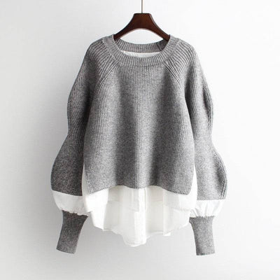 Shirt patchwork pullover sweater for women's autumn and winter vacation two-piece loose knit top, stylish lantern sleeves, versatile sweater - Hot fashionista