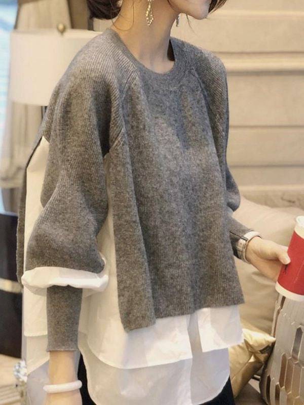 Shirt patchwork pullover sweater for women's autumn and winter vacation two-piece loose knit top, stylish lantern sleeves, versatile sweater - Hot fashionista