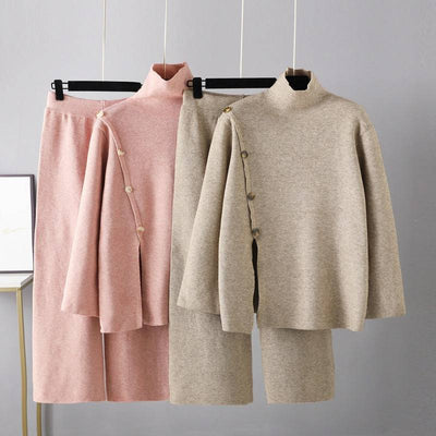 Small Design Stand Collar Split Knit High Neck Sweater Women's Winter Warm Casual Wide Leg Pants Two-Piece Set - Hot fashionista