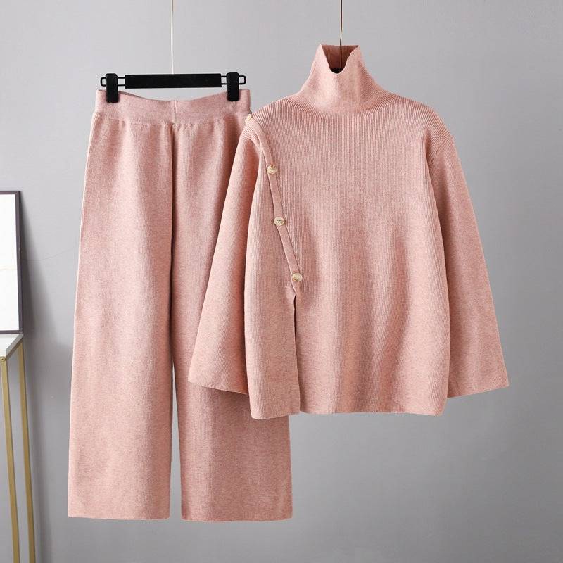 Small Design Stand Collar Split Knit High Neck Sweater Women's Winter Warm Casual Wide Leg Pants Two-Piece Set - Hot fashionista
