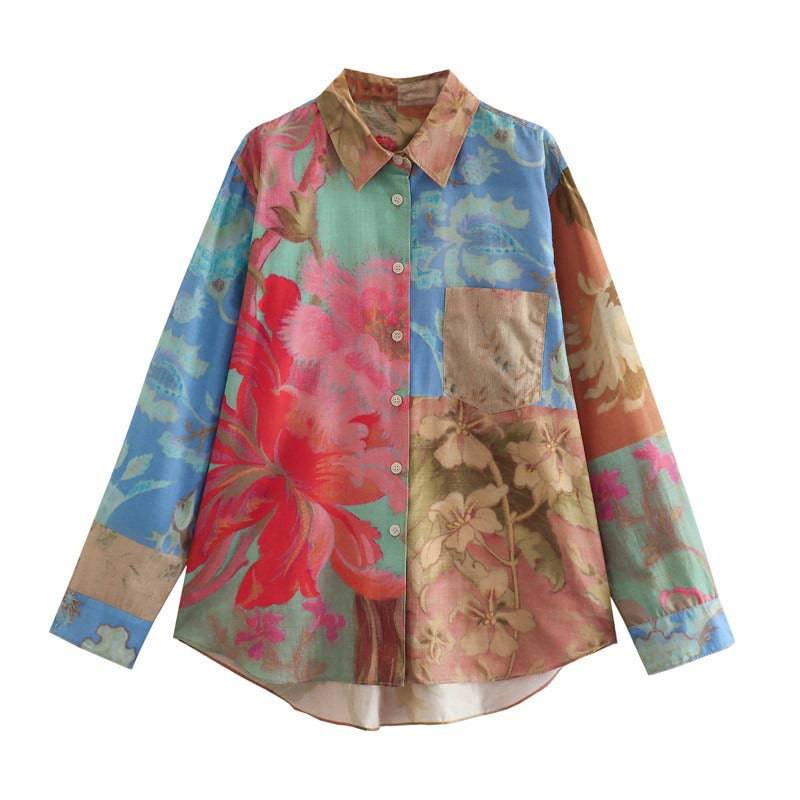 Rrinted Patchwork Women Vintage Casual Blouse Wrist Sleeve Loose Shirt Female High Low Top - Hot fashionista