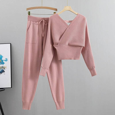 Double V-neck Sexy Off Shoulder Short Style Temperament Fashion Set Women's Spring Knit Two Piece Set - Hot fashionista