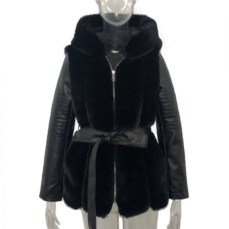 New faux fur jacket for women with belt and hood, solid color zippered jacket jacket - Hot fashionista