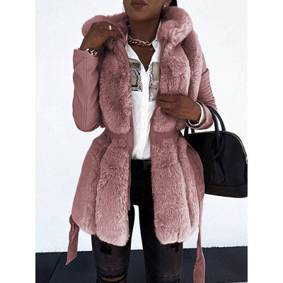 New faux fur jacket for women with belt and hood, solid color zippered jacket jacket - Hot fashionista