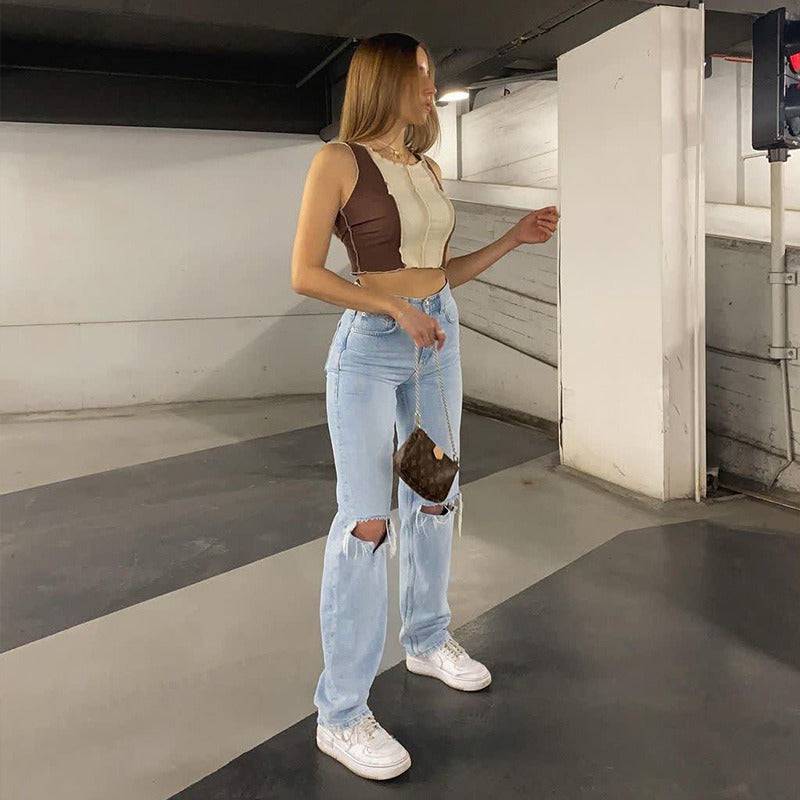 New high waisted straight leg pants, washed denim jeans, ins, commuting blue pants, cotton denim, women's jeans - Hot fashionista