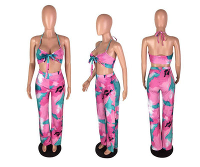 Sexy Beach Style 2 piece Women Set Print Halter Strapless Long Pant Bodycon Set - Hot fashionista