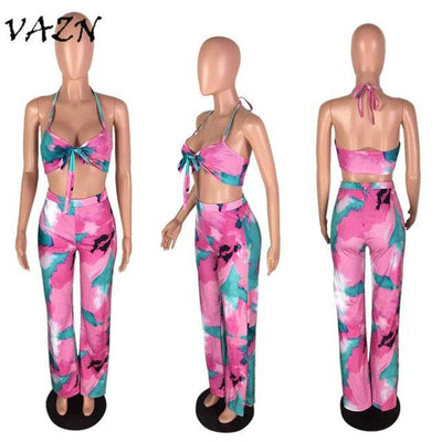 Sexy Beach Style 2 piece Women Set Print Halter Strapless Long Pant Bodycon Set - Hot fashionista
