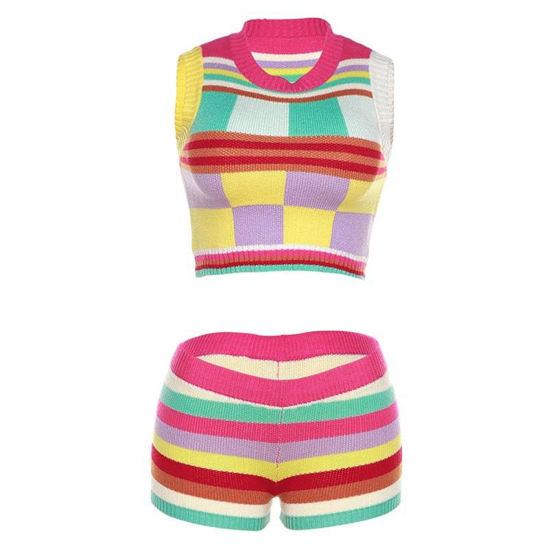 Spring New Women's Fashion Sleeveless Tank Top High Waist Slim Fit Hip Lift Short Knit Set - Hot fashionista