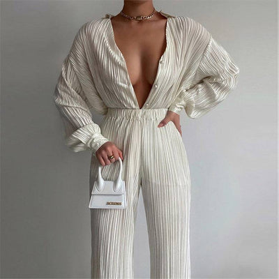 Fashion Suit Women's New Pleated Long-Sleeved V-Neck Shirt Casual Pants Two-Piece Set - Hot fashionista