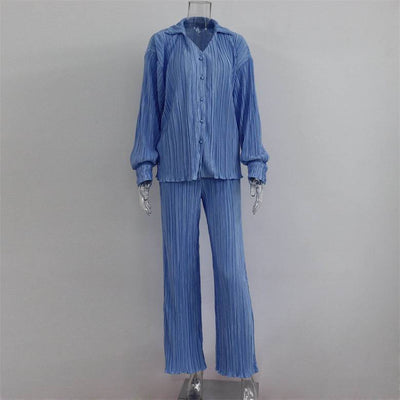 Fashion Suit Women's New Pleated Long-Sleeved V-Neck Shirt Casual Pants Two-Piece Set - Hot fashionista