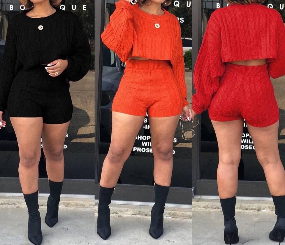 Annie Knitted Cropped Sweater With Shorts - Hot fashionista