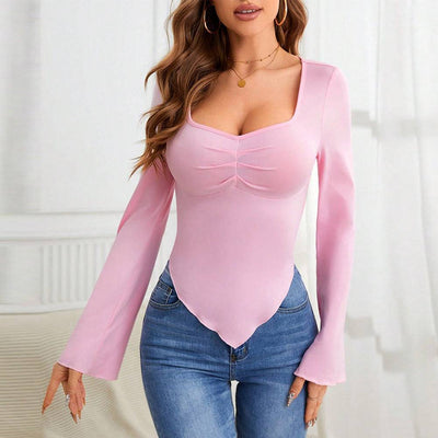 Slim fit hem irregular chicken heart neck knitted long sleeved T-shirt top - Hot fashionista