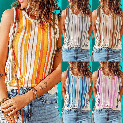 Summer New Women's Stripe Color Contrast Knitted Sling Shirt Knitted Tank Top - Hot fashionista