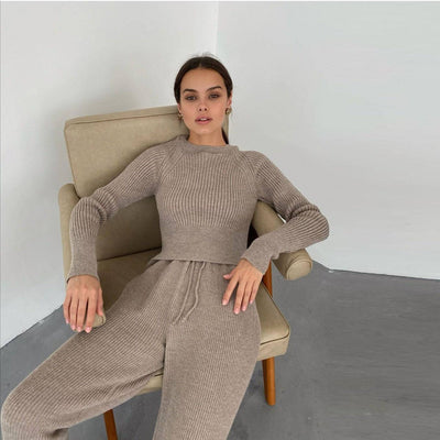 Cryptographic Casual Fashion Knitted Top and Pant Two Piece Set Loungewear Women Matching Set - Hot fashionista