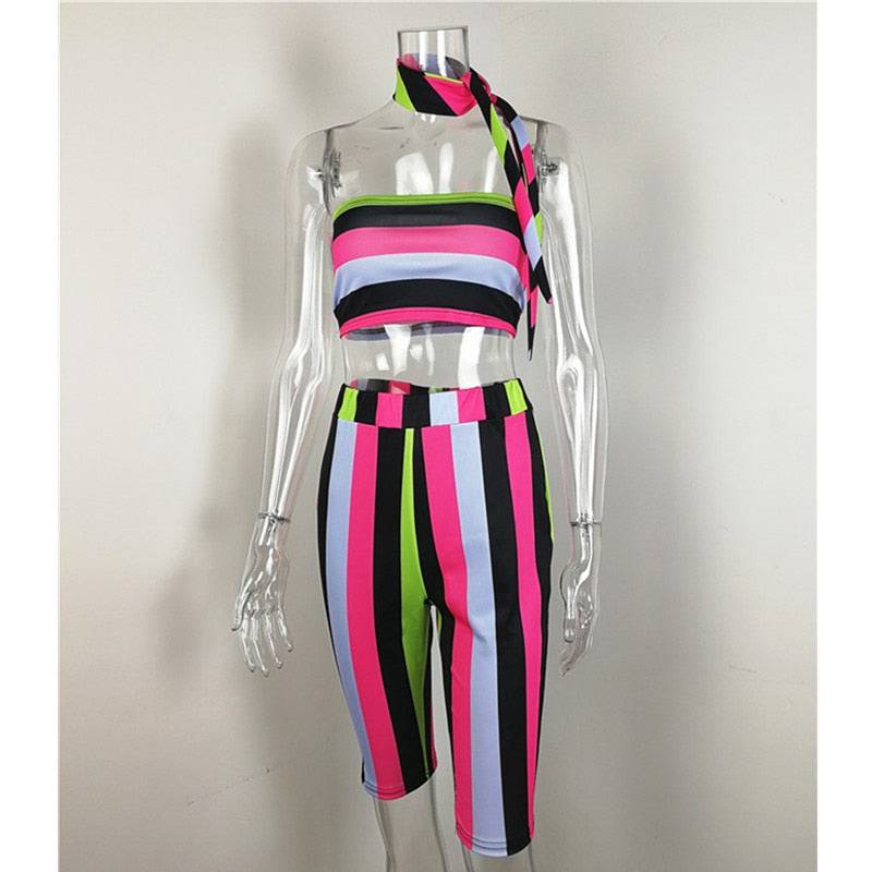 Striped Sexy Two Piece Set Top and Pants (including Headscarf ) Beach 2 Piece Summer Short Set
