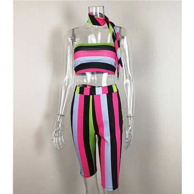 Striped Sexy Two Piece Set Top and Pants (including Headscarf ) Beach 2 Piece Summer Short Set - Hot fashionista
