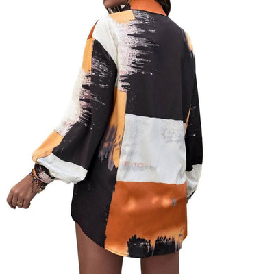 Donna Long Sleeve Brush Print Colorblock Blouse - Hot fashionista