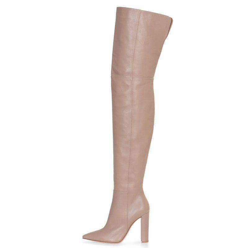 Soild Genuine Leather Pointed Toe Round Heel Over The Knee Boots with Side Zipper - Hot fashionista