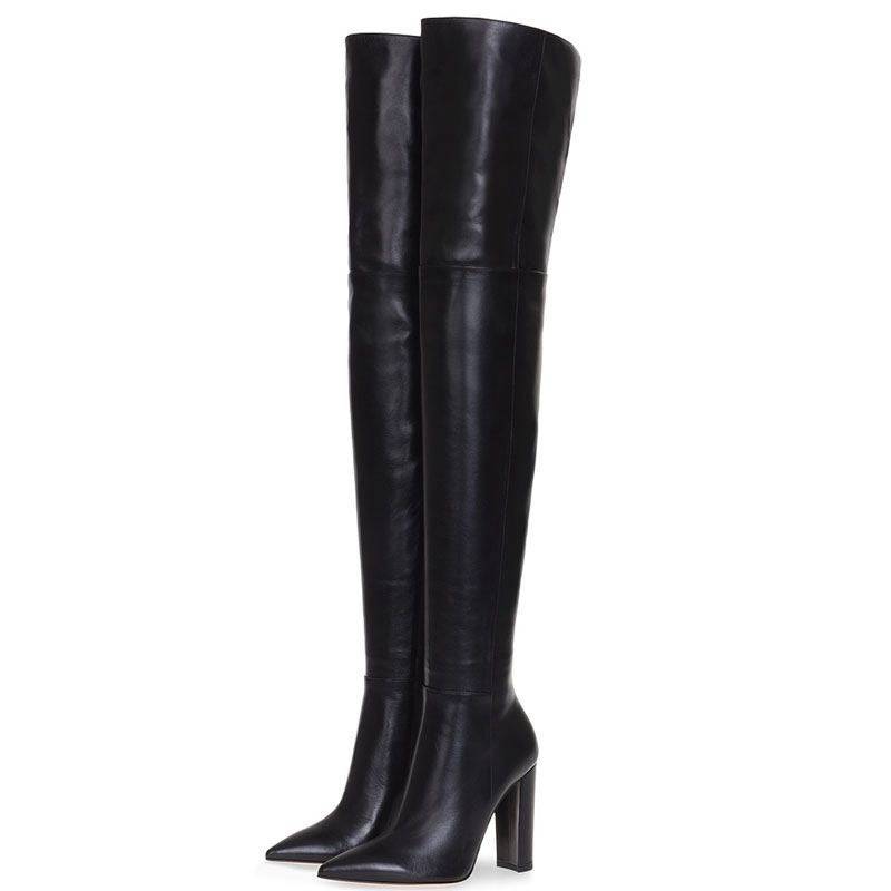 Soild Genuine Leather Pointed Toe Round Heel Over The Knee Boots with Side Zipper - Hot fashionista