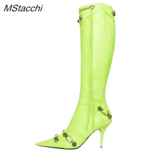 Metal Rivet High Knee Boots Pointed Toe Thin Heels - Hot fashionista