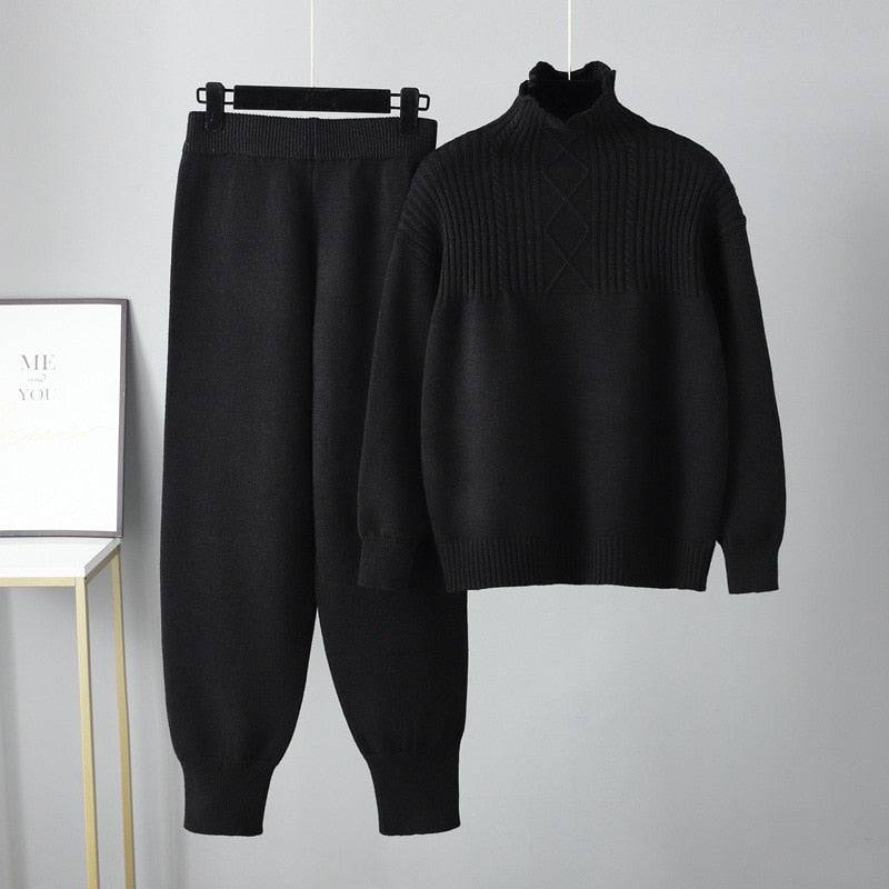 Two Piece Autumn Winter Women Knit Sweater Tracksuit Fashion Loose Pant Set Thick Warm Lady Casual Suit - Hot fashionista