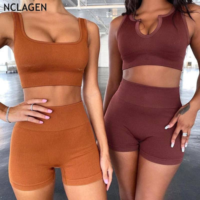 Two-piece Set Ins Seamless Knitting Sexy Gym Sport Workout Running Sports Short Bra Yoga Suit Tracksuit U-neck Fitness - Hot fashionista