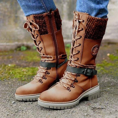 Large-size mid-leg women's boots new winter round head square heel leather buckle wool splicing Martens boots - Hot fashionista