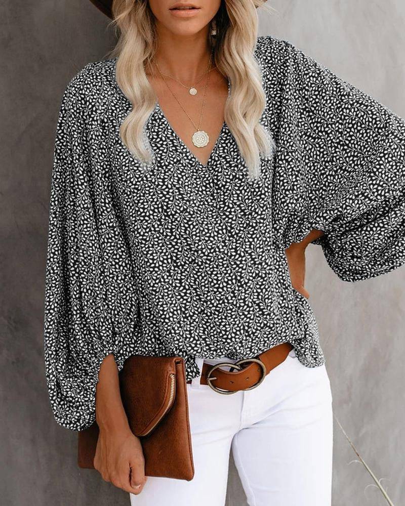New autumn V-neck casual shirt with printed lantern sleeves for women's clothing - Hot fashionista