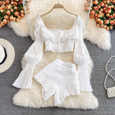 French Square Neck Exposed Collarbone Short Long Sleeved Shirt High Waisted Flower Bud Ruffled Shorts Two-Piece Set - Hot fashionista