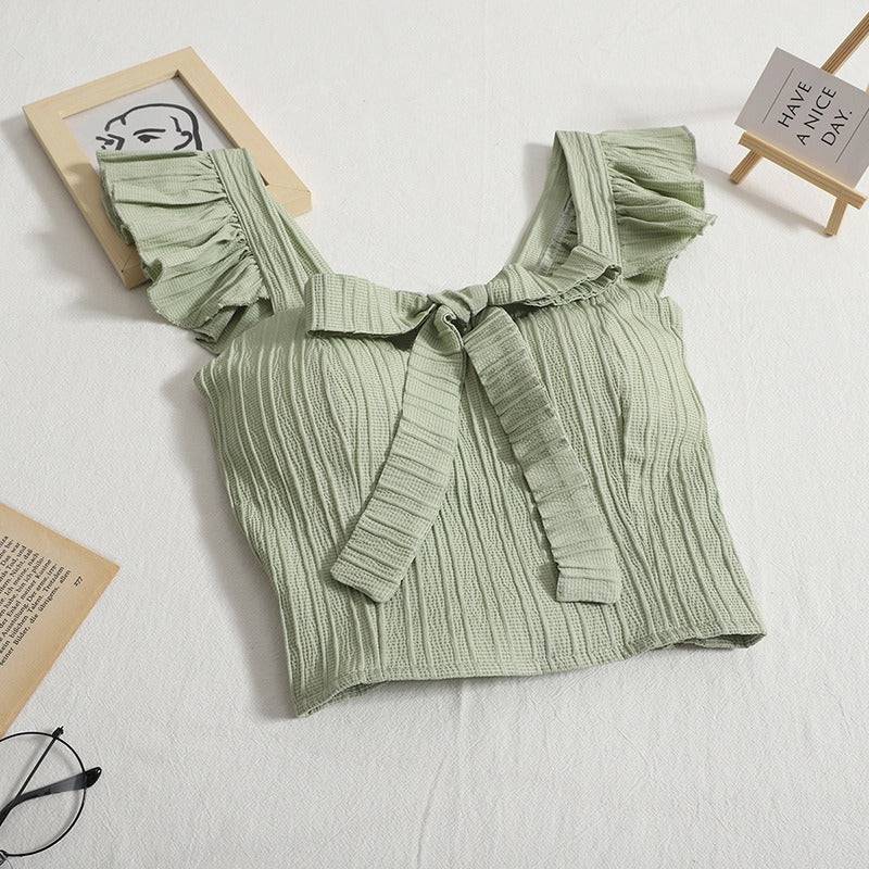 Summer New Sweet Design Sense Short Solid Bow Tank Top with Strap Short Ruffle Top Small Tank Top - Hot fashionista