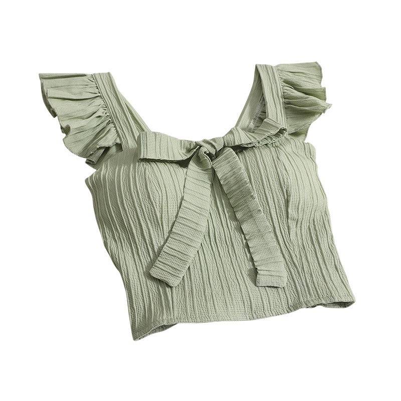 Summer New Sweet Design Sense Short Solid Bow Tank Top with Strap Short Ruffle Top Small Tank Top - Hot fashionista