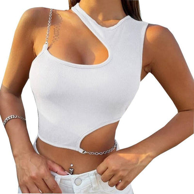 European and American Women's New Pure Color Sexy Hollow Metal Chain One Shoulder Crop Top - Hot fashionista