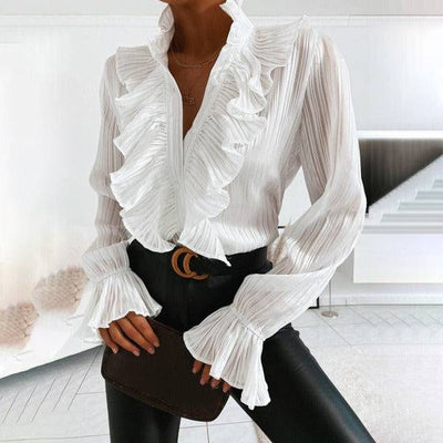 New ruffled flared sleeve pleated long sleeved shirt - Hot fashionista