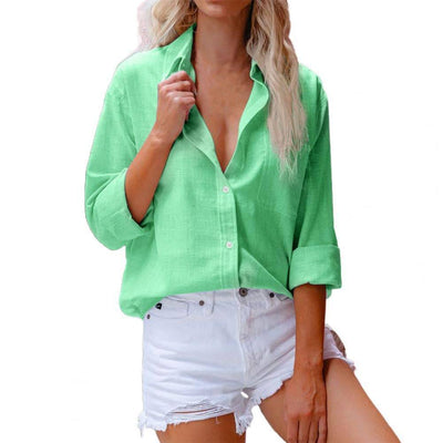 Womens Solid Cotton Linen Long Sleeve Shirt Womens Casual Loose Linen Button Shirt Lapel Top - Hot fashionista