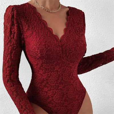 Hot selling sexy solid color lace long sleeved spicy girl perspective slim fit jumpsuit - Hot fashionista