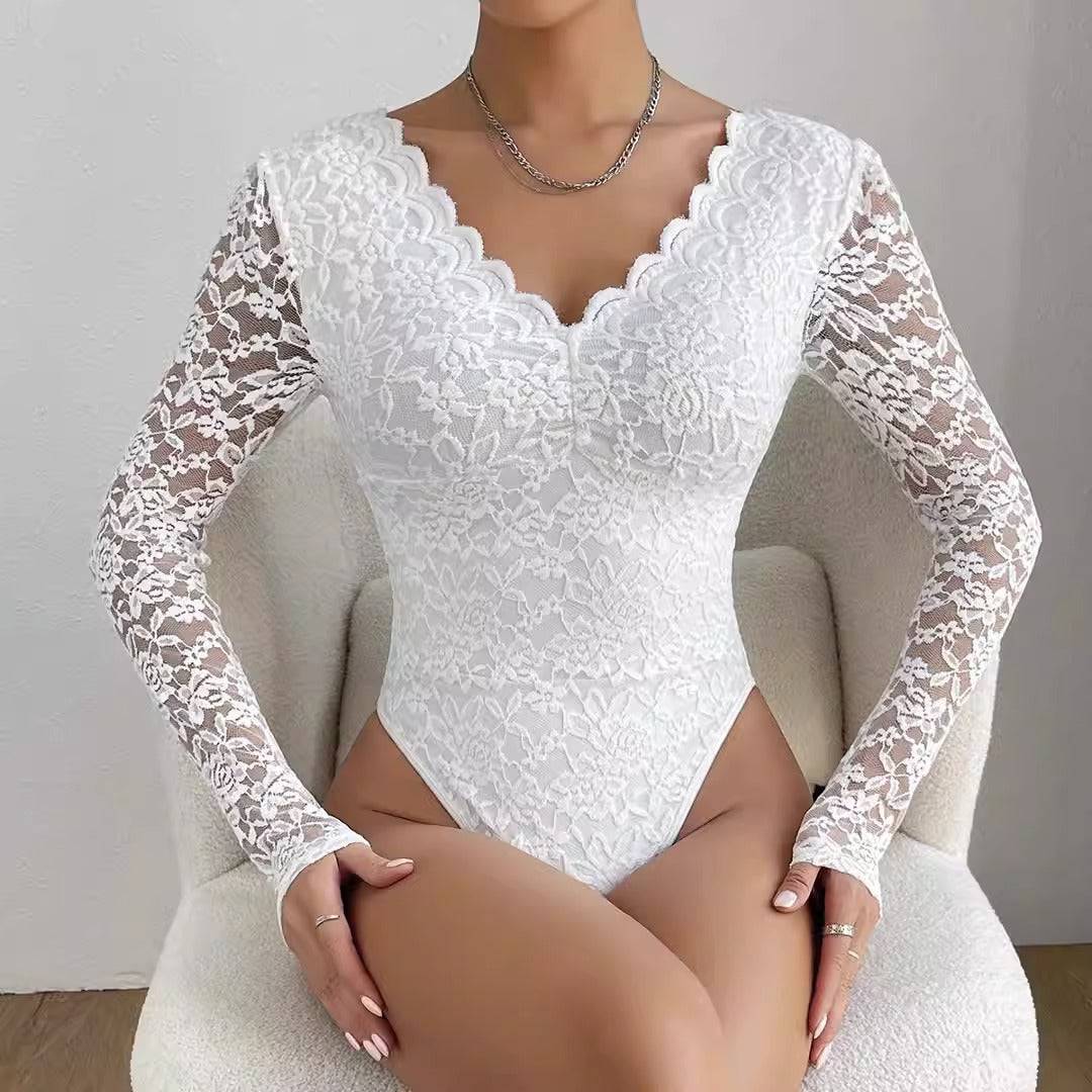 Hot selling sexy solid color lace long sleeved spicy girl perspective slim fit jumpsuit - Hot fashionista