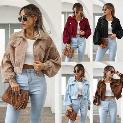 Autumn and winter European and American casual lapel corduroy jacket with lantern sleeves, single breasted short jacket for women - Hot fashionista