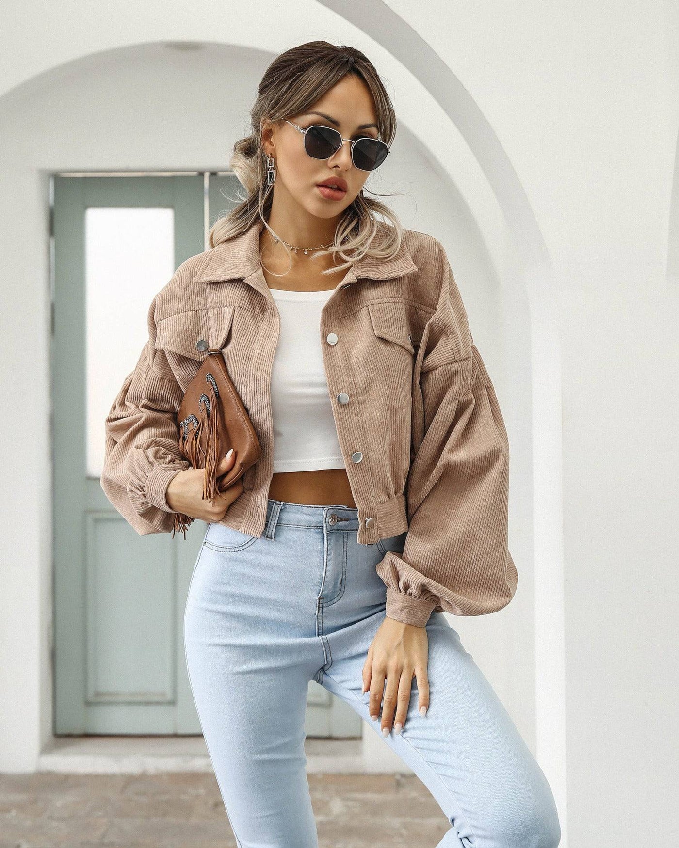 Autumn and winter European and American casual lapel corduroy jacket with lantern sleeves, single breasted short jacket for women - Hot fashionista