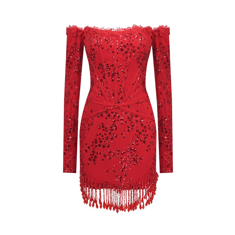 Laurie Crystal Tassel Sequin Patchwork Lace Mini Dress - Hot fashionista