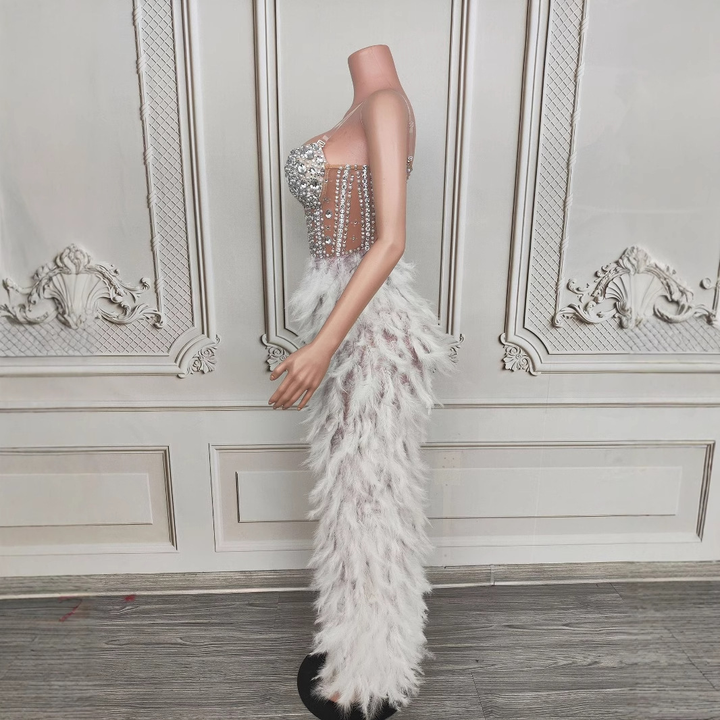 Crystal Muse White Feather Gown Luxury High Slit Rhinestone Dress - Hot fashionista