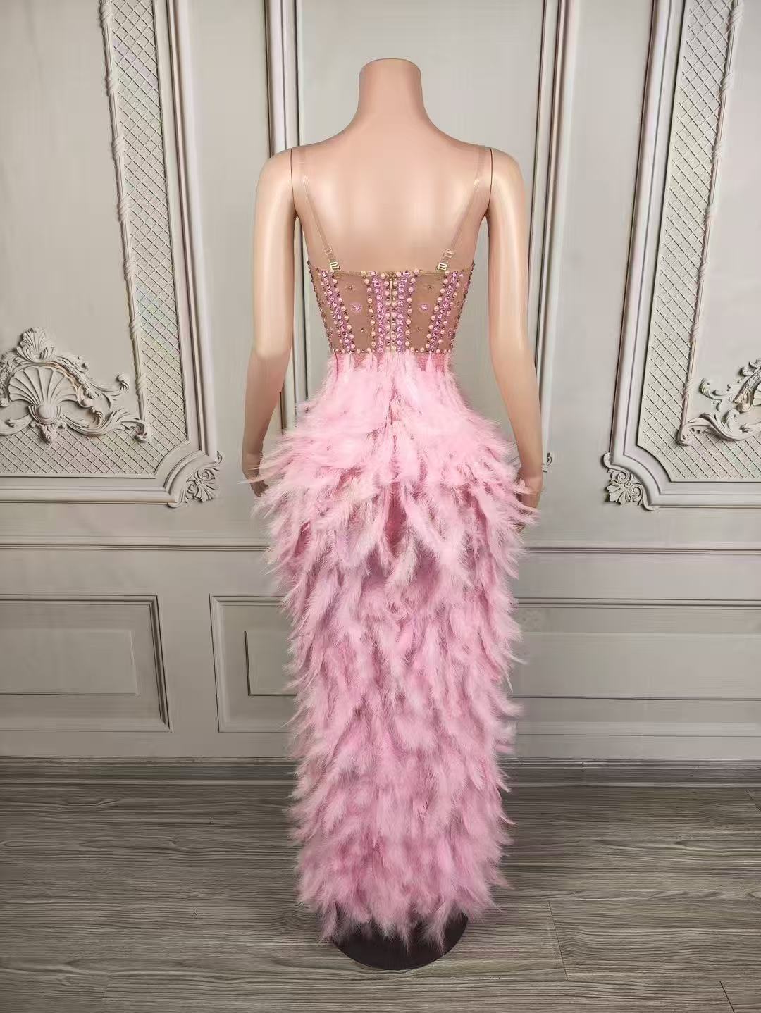 Crystal Muse White Feather Gown Luxury High Slit Rhinestone Dress - Hot fashionista