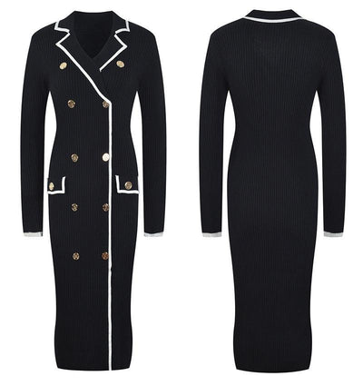 Hot Fashionist Faith Long Sleeve Collared Gold Button Embellished Knitted Midi Dress
