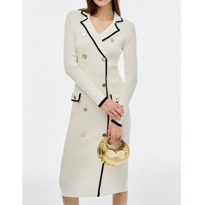 Hot Fashionist Faith Long Sleeve Collared Gold Button Embellished Knitted Midi Dress