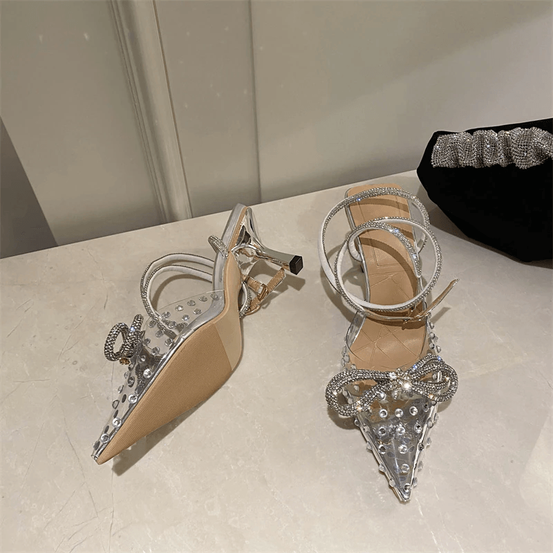 Hot Fashionista Faye Pointed Toe Crystal Bowknot Ankle Strap Sandal