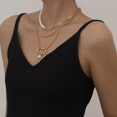Genevieve 3 Pieces Pearl Metal Block Necklace Set - Hot fashionista