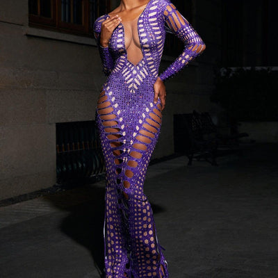 Hot Fashionista Gertie Purple Rhinestone Cutout Maxi Dress