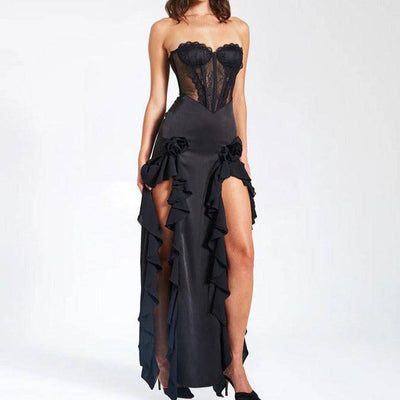 Cady Lace Ruffle Hem Slit Dress - Hot fashionista