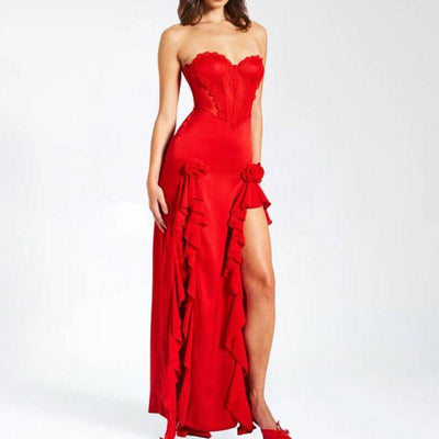 Cady Lace Ruffle Hem Slit Dress - Hot fashionista