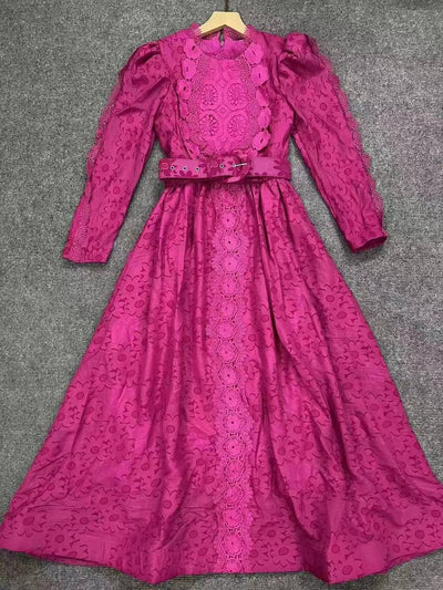 Mirian Floral Embroidered Spliced Belt Dress - Hot fashionista